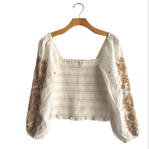 Anthropologie Smocked Top with embellished and embroidered sleeves, boho spring - Picture 6 of 9